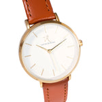 Victor De Rossa Uhr vom Modell „Sedurre 1051“. Damenuhr mit braunem Lederarmband, schwarzem Zifferblatt und goldenem Gehäuse