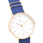Victor De Rossa Uhr vom Modell „Sedurre 601“. Damenuhr mit blauem Wildlederarmband, weißem Zifferblatt und goldenem Gehäuse