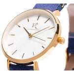 Victor De Rossa Uhr vom Modell „Sedurre 601“. Damenuhr mit blauem Wildlederarmband, weißem Zifferblatt und goldenem Gehäuse