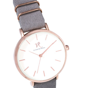 Victor De Rossa Uhr vom Modell „Sedurre 668“. Damenuhr mit grauem Wildlederarmband, weißem Zifferblatt und rosegoldenem Gehäuse