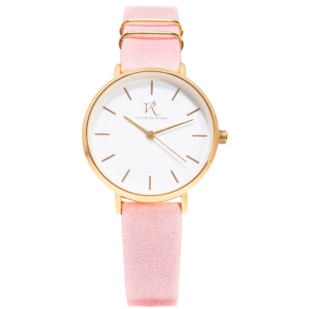 Victor De Rossa Uhr vom Modell „Sedurre 734“. Damenuhr mit rosa Wildlederarmband, weißem Zifferblatt und goldenem Gehäuse