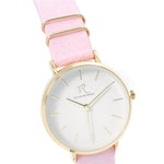 Victor De Rossa Uhr vom Modell „Sedurre 734“. Damenuhr mit rosa Wildlederarmband, weißem Zifferblatt und goldenem Gehäuse
