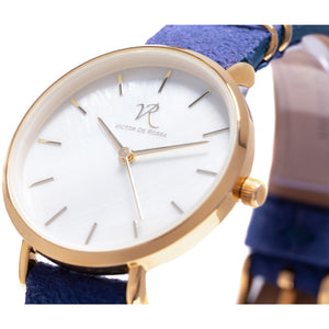 Victor De Rossa Uhr vom Modell „Sedurre 801“. Damenuhr mit blauem Wildlederarmband, Perlmutt Zifferblatt und goldenem Gehäuse