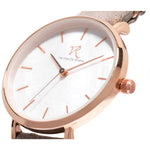 Victor De Rossa Uhr vom Modell „Sedurre 834“. Damenuhr mit grauem Wildlederarmband, Perlmutt Zifferblatt und rosegoldenem Gehäuse