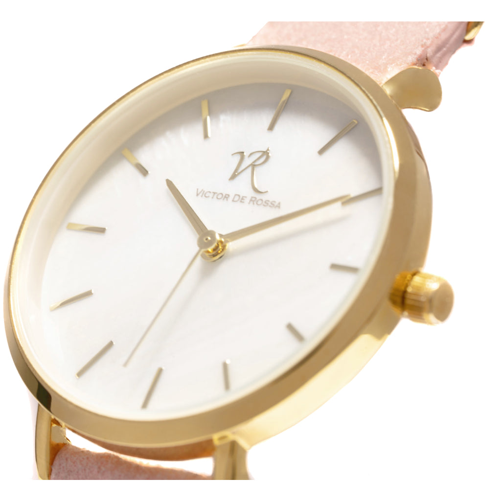Victor De Rossa Uhr vom Modell „Sedurre 868“. Damenuhr mit rosa Wildlederarmband, Perlmutt Zifferblatt und goldenem Gehäuse