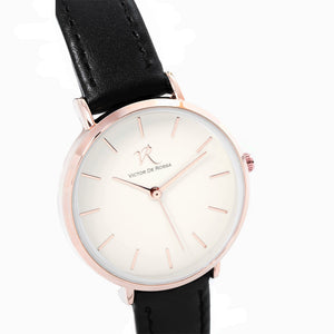 Victor De Rossa Uhr vom Modell „Sedurre 901“. Damenuhr mit schwarzem Lederarmband, weißem Zifferblatt und rosegoldenem Gehäuse