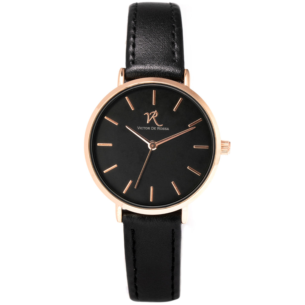 Victor De Rossa Uhr vom Modell „Sedurre 951“. Damenuhr mit schwarzem Lederarmband, schwarzem Zifferblatt und rosegoldenem Gehäuse