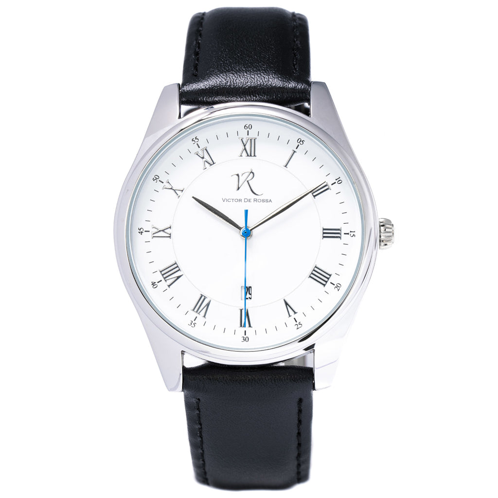 Victor De Rossa Uhr vom Modell „Onesto 001“. Herrenuhr mit schwarzem Lederarmband, weißem Zifferblatt und silbernem Gehäuse