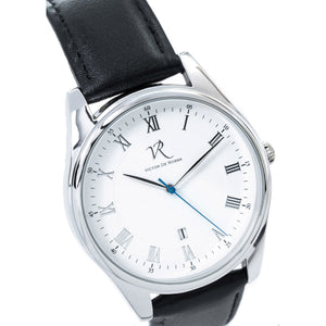 Victor De Rossa Uhr vom Modell „Onesto 001“. Herrenuhr mit schwarzem Lederarmband, weißem Zifferblatt und silbernem Gehäuse