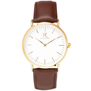 Victor De Rossa Uhr vom Modell „Aperto 401“. Unisex-Uhr mit braunem Lederarmband, weißem Zifferblatt und goldenem Gehäuse