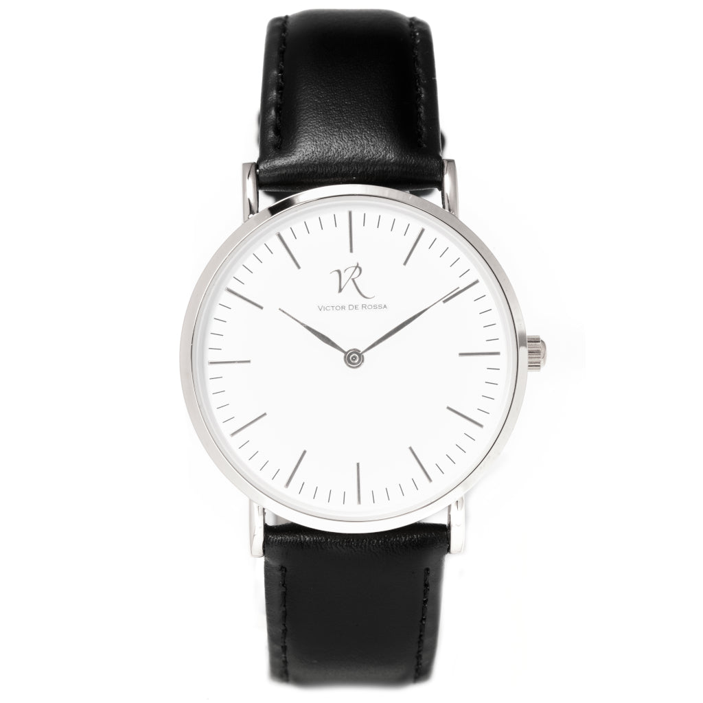 Victor De Rossa Uhr vom Modell „Aperto 501“. Unisex-Uhr mit schwarzem Lederarmband, weißem Zifferblatt und silbernem Gehäuse