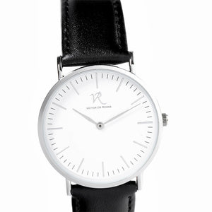 Victor De Rossa Uhr vom Modell „Aperto 501“. Unisex-Uhr mit schwarzem Lederarmband, weißem Zifferblatt und silbernem Gehäuse